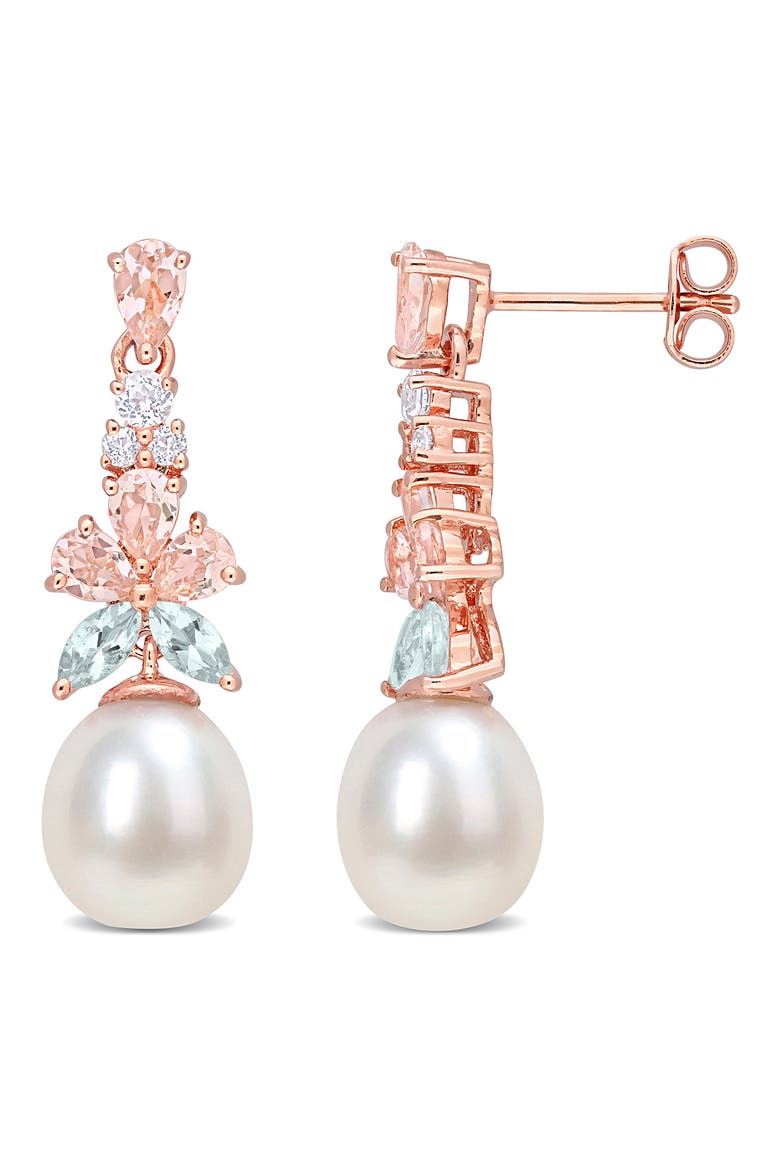 18K Rose Gold Plated Morganite, White Topaz, Aquamarine & 8.5–9mm Cultured Pearl Drop Earrings, Main, color, PINK