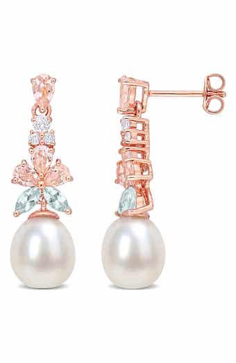 18K Rose Gold Plated Morganite, White Topaz, Aquamarine & 8.5–9mm Cultured Pearl Drop Earrings