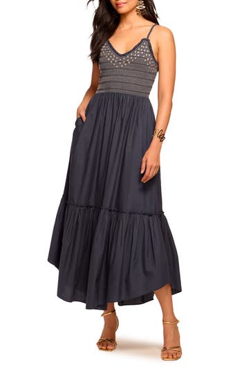 Ramy Brook Lucia Smocked Cotton Poplin Maxi Dress In Blue