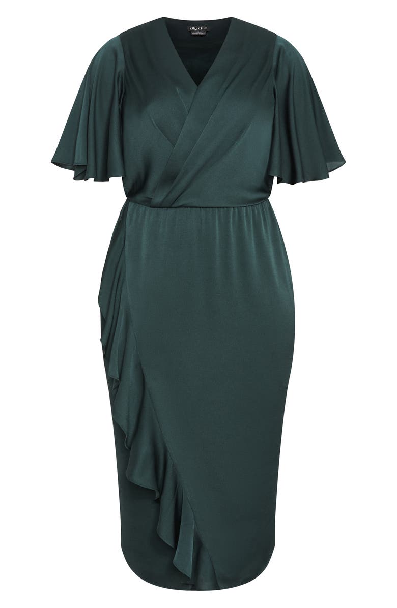 City Chic Soft Ruffle Faux Wrap Midi Dress, Alternate, color, Emerald