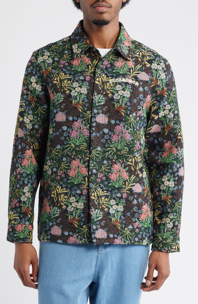 PLEASURES Floral Jacquard Snap-Up Overshirt, Alternate, color, Black