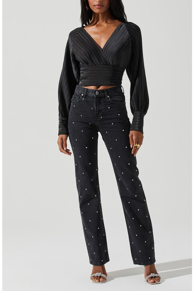 Pernilla Long Sleeve Pleated Crop Top, Alternate, color, BLACK