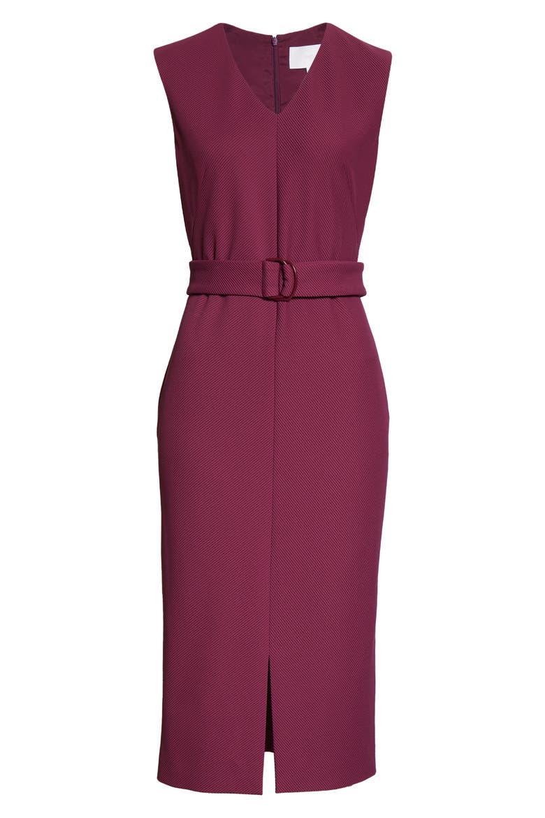 Dadorina Belted Front Slit Sheath Dress, Alternate, color, AUBERGINE