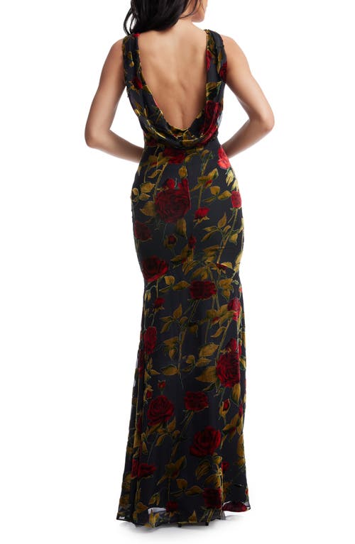 Dress The Population Cherilyn Floral Velvet Burnout Open Back Mermaid Gown In Black Multi