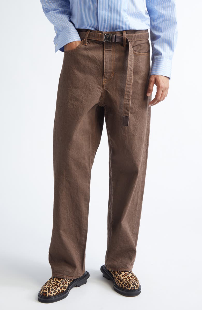 Sacai Belted Straight Leg Jeans, Main, color, Brown