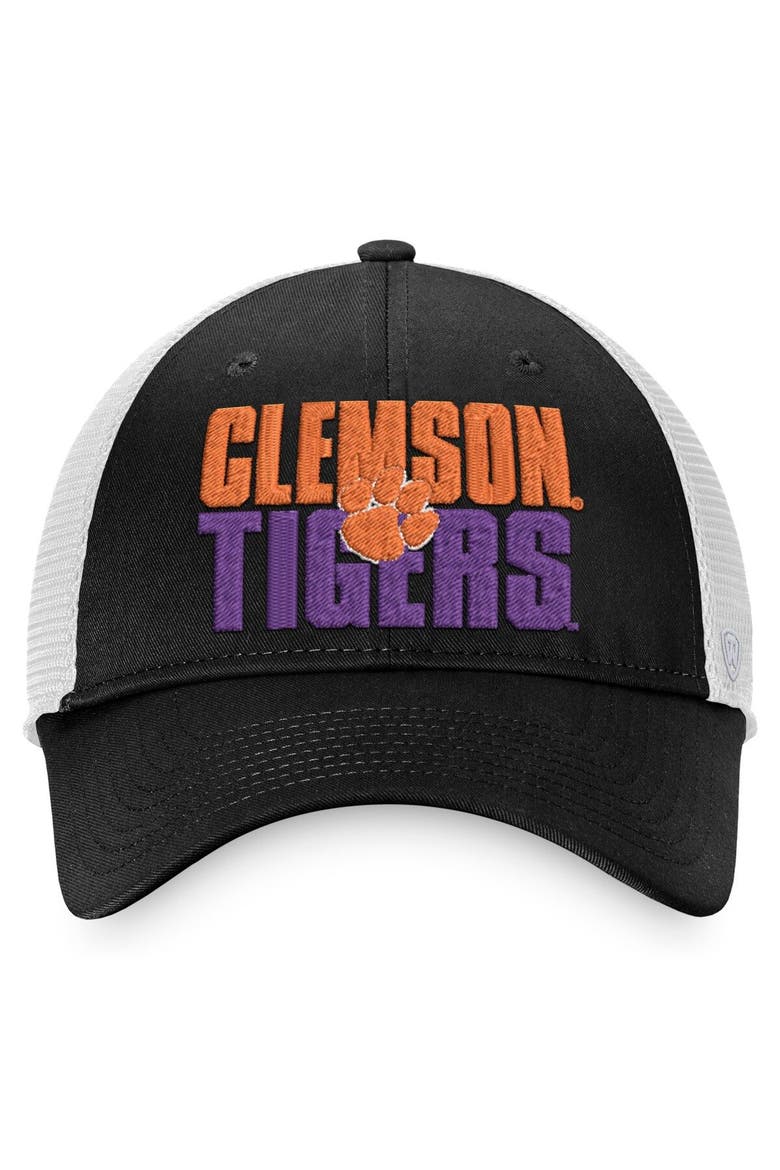 Men's Top of the World Black/White Clemson Tigers Stockpile Trucker Snapback Hat, Alternate, color, Black