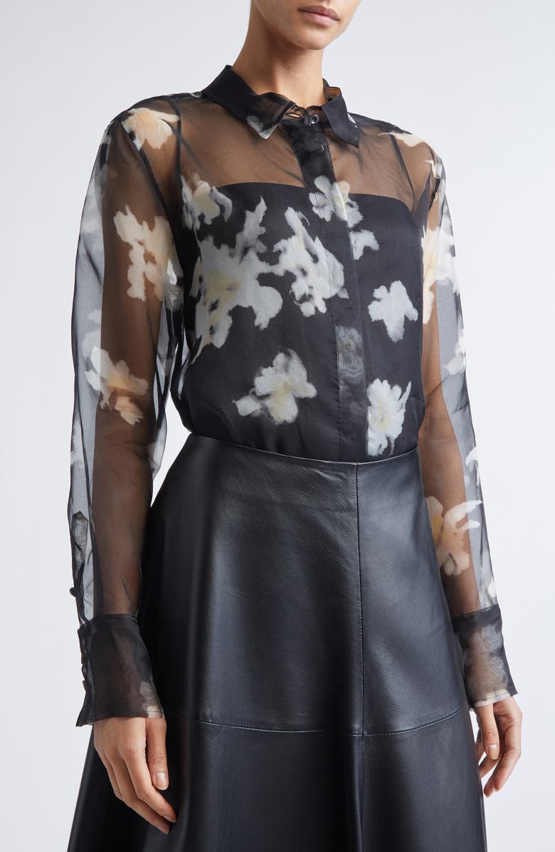 Altuzarra Chika Floral Print Sheer Silk Organza Button-Up Shirt, Alternate, color, Black Inky Flowers