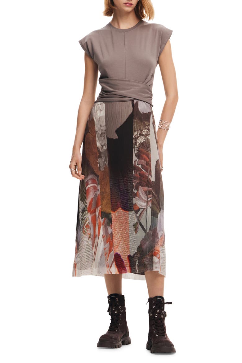 Mixed Media T-Shirt Midi Dress, Main, color, BROWN