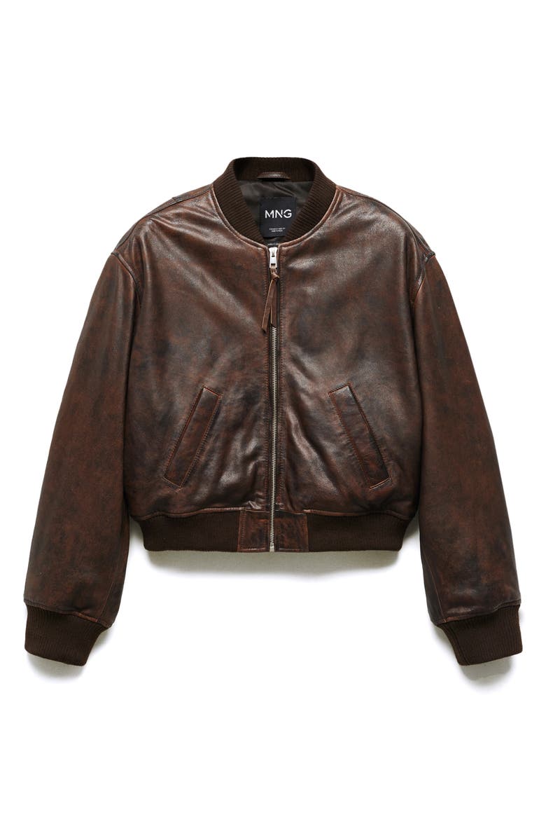 MANGO Leather Bomber Jacket, Alternate, color, 