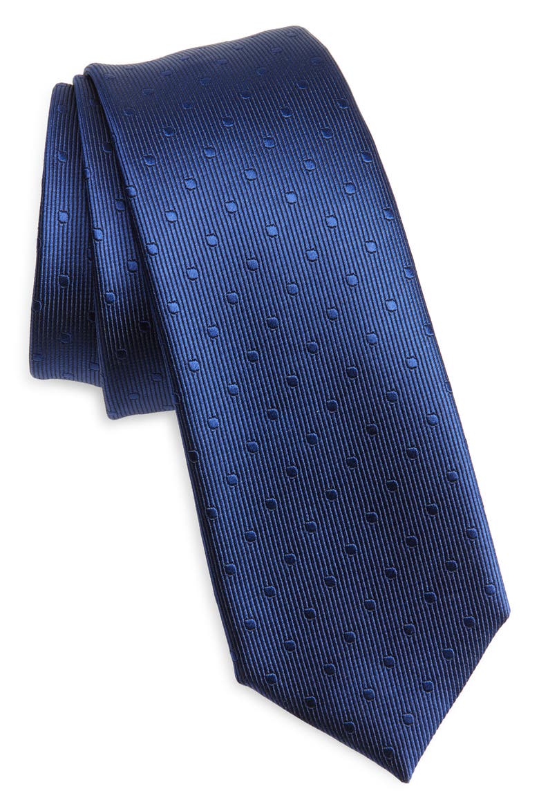 Polka Dot Jacquard Mulberry Silk Tie, Main, color, DARK BLUE