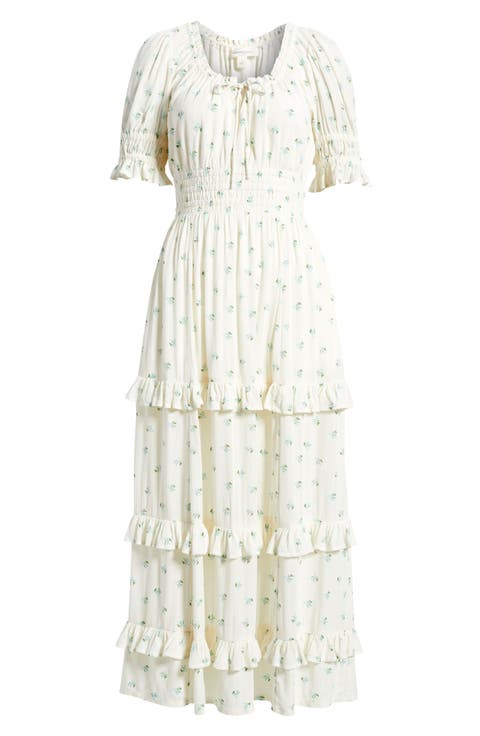 Smock Waist Ruffle Trim Tiered Maxi Dress