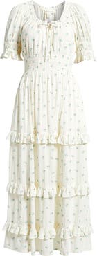 Treasure & Bond Smock Waist Ruffle Trim Tiered Maxi Dress