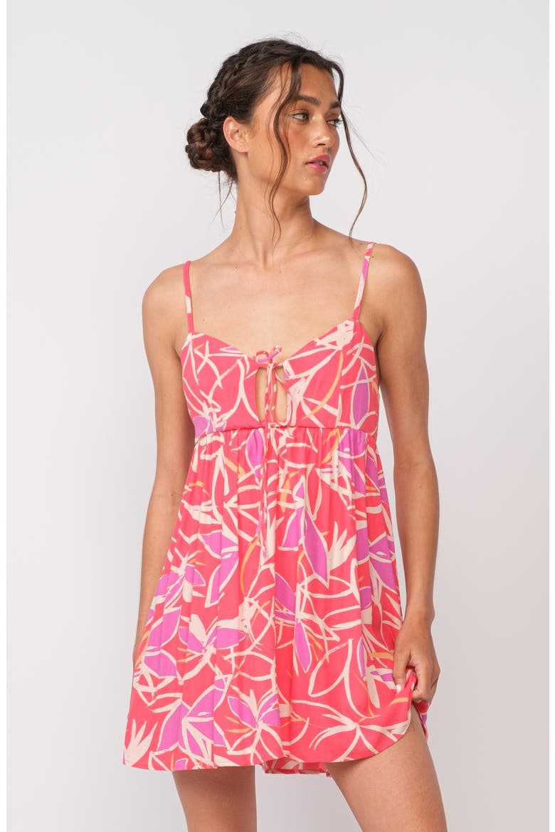 Leaf Print Keyhole Empire Waist Minidress, Alternate, color, PINK