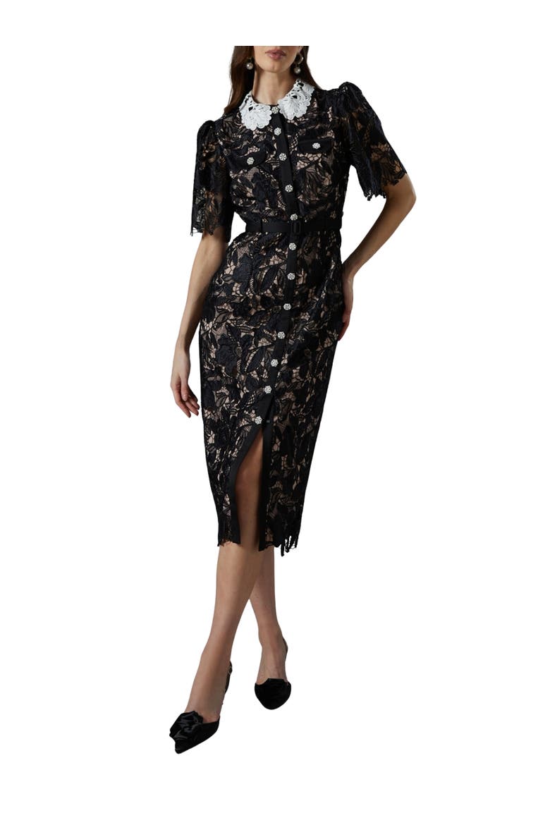 Short Sleeve Lace Shirt Dress, Main, color, Black