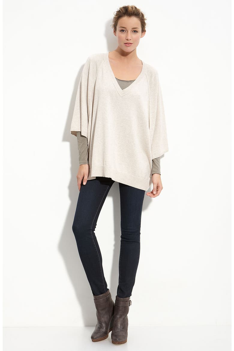 V-Neck Poncho Sweater, Alternate, color, DARK CHARCOAL/ BLACK STRIPE