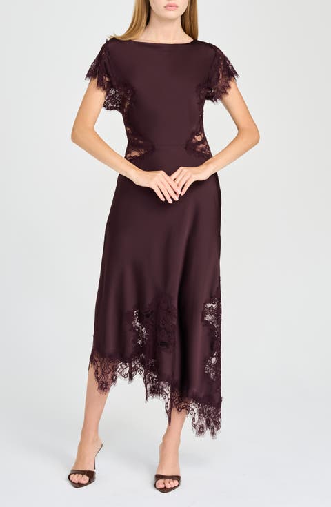 x Rose Lola Moss Satin & Lace Asymmetric Midi Dress