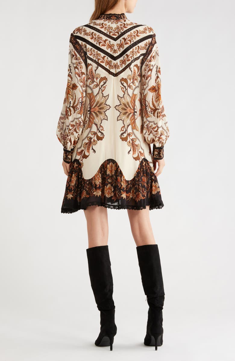 FARM Rio Majestic Garden Long Sleeve Lace Insets Trapeze Dress, Alternate, color, Sand