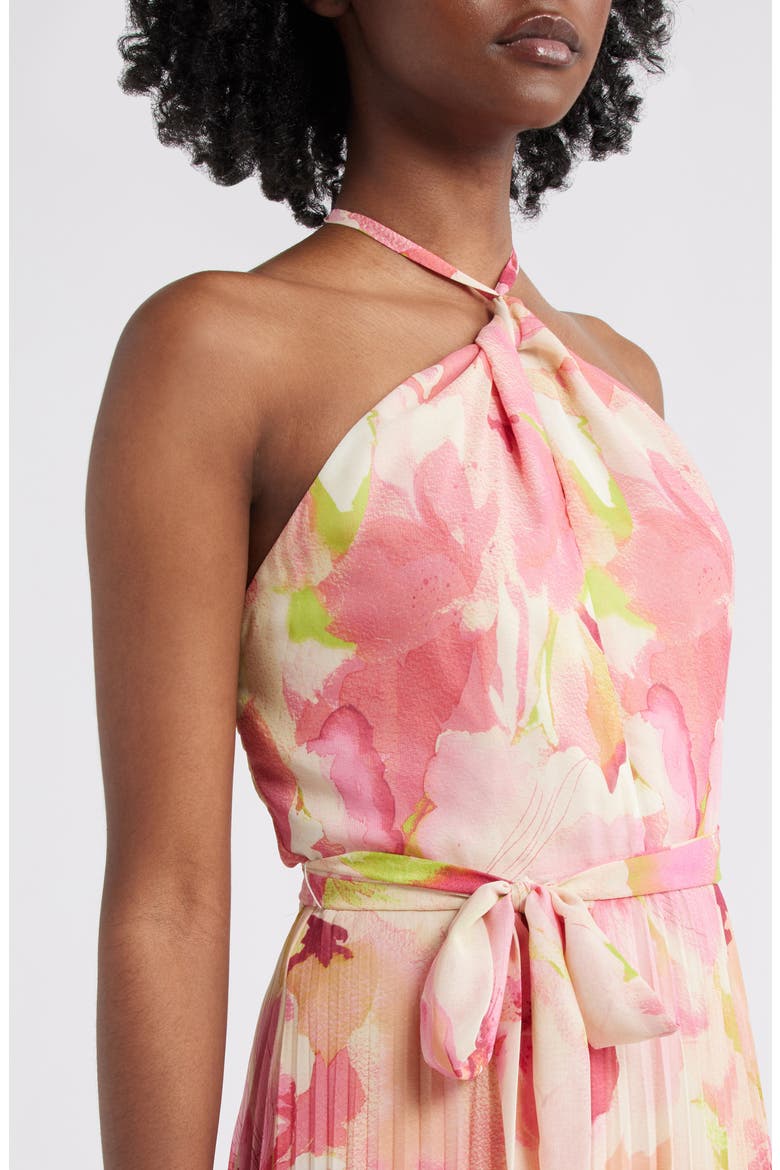 Floral Pleated Chiffon Halter Dress, Alternate, color, PINK MULTI