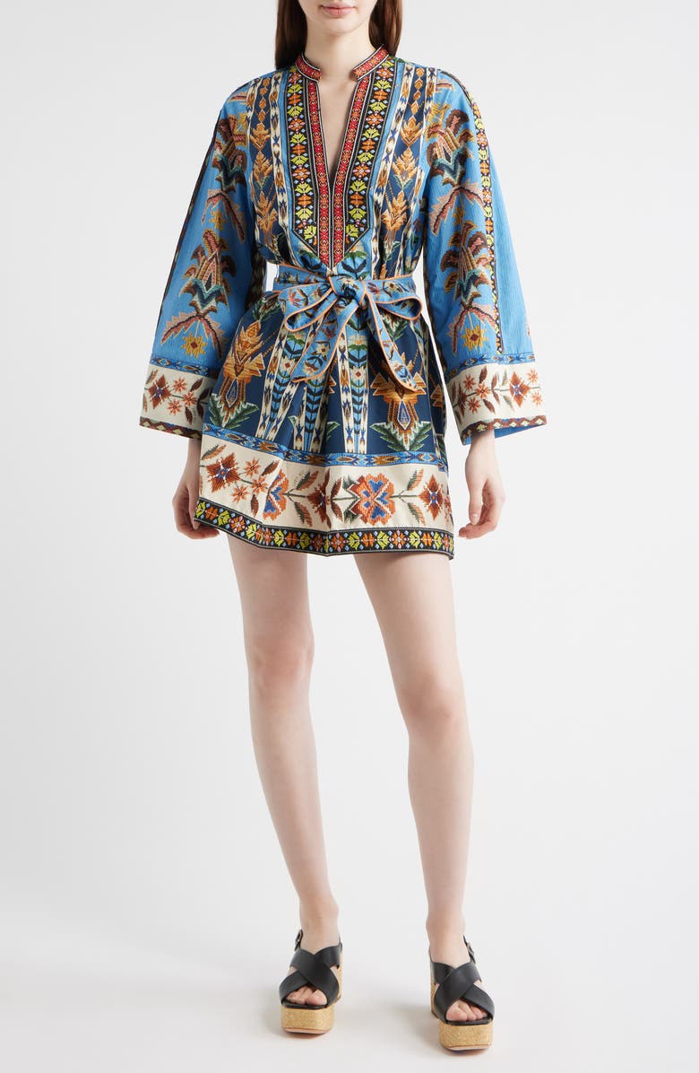 FARM Rio Embroidered Tapestry Long Sleeve Minidress, Main, color, Blue