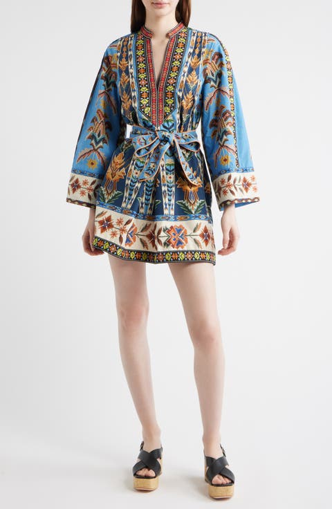 Embroidered Tapestry Long Sleeve Minidress