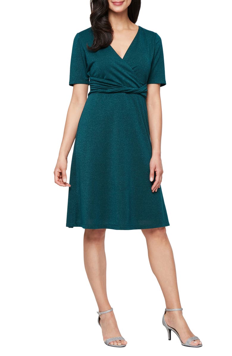 SL FASHIONS Short Sleeve Metallic Knit Dress, Main, color, Spruce