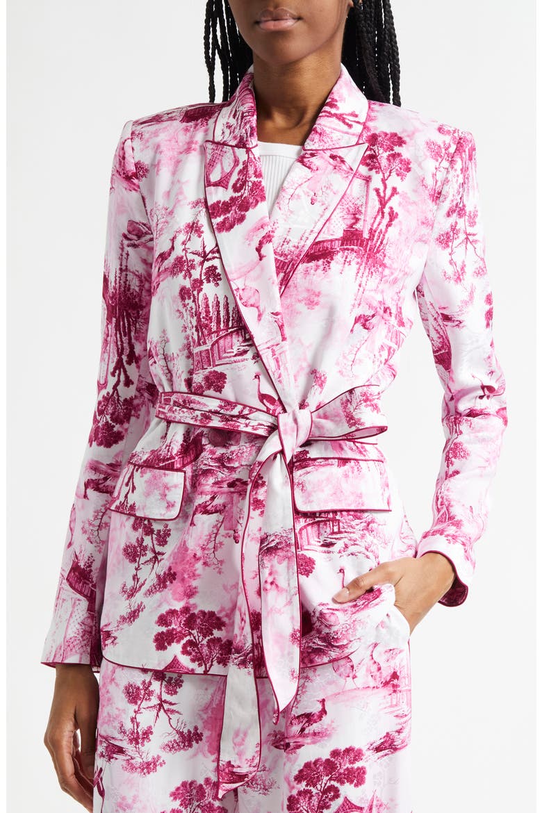 Jordana Tie Waist Blazer, Alternate, color, WHITE/ PINK PORCELAIN TOILE