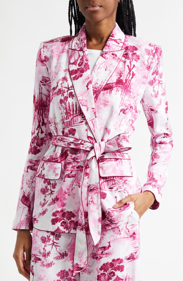 L'AGENCE Jordana Tie Waist Blazer, Alternate, color, White/ Pink Porcelain Toile