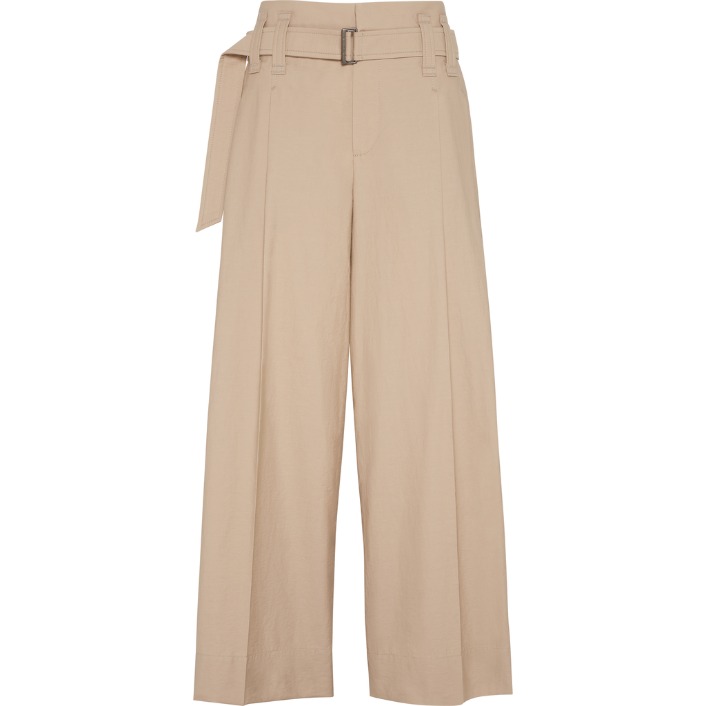 Brunello Cucinelli Pleated Cotton Wide-leg Crop Trousers With Belt In Neutral
