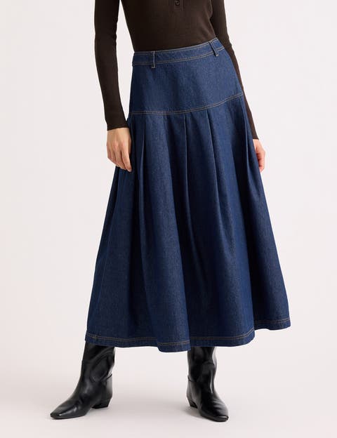 Denim Drop Waist Pleat Skirt