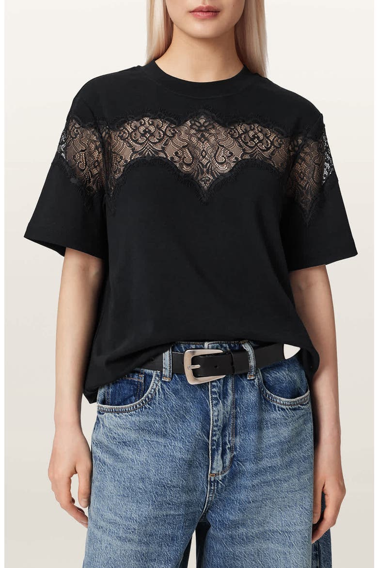 Lisa Lace Panel T-Shirt, Main, color, BLACK