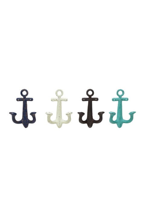 Multi Colored Metal Single Hanger Anchor Wall Hook - Set of 4