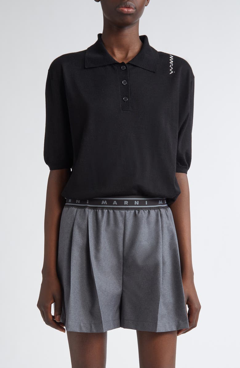 Marni Embroidered Logo Oversize Virgin Wool & Silk Polo Sweater, Main, color, 
