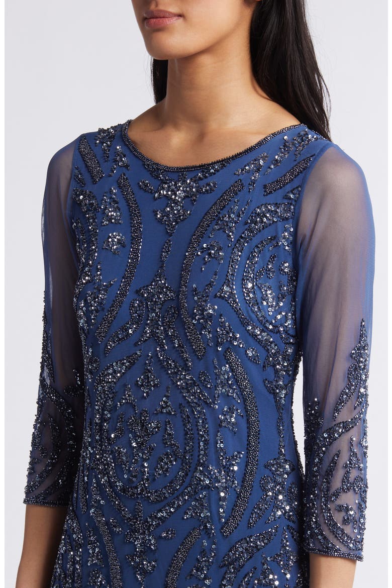 Sequin Beaded Illusion Mesh Three-Quarter Sleeve Gown, Alternate, color, DENIM