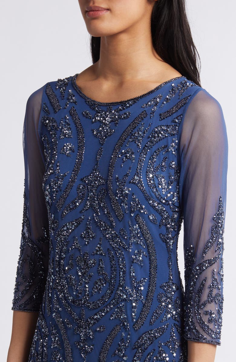 Pisarro Nights Sequin Beaded Illusion Mesh Three-Quarter Sleeve Gown, Alternate, color, Denim