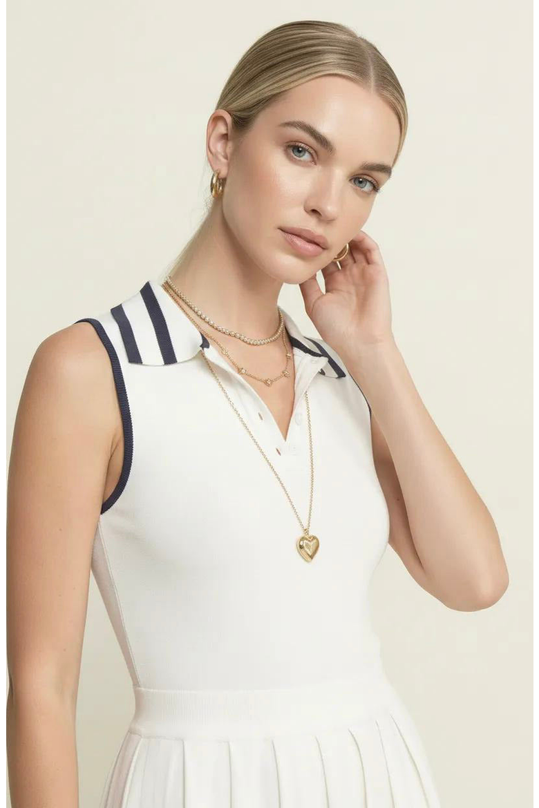Sleeveless Knit Midi Dress with Contrast Collar and Hem Detail, Alternate, color, White