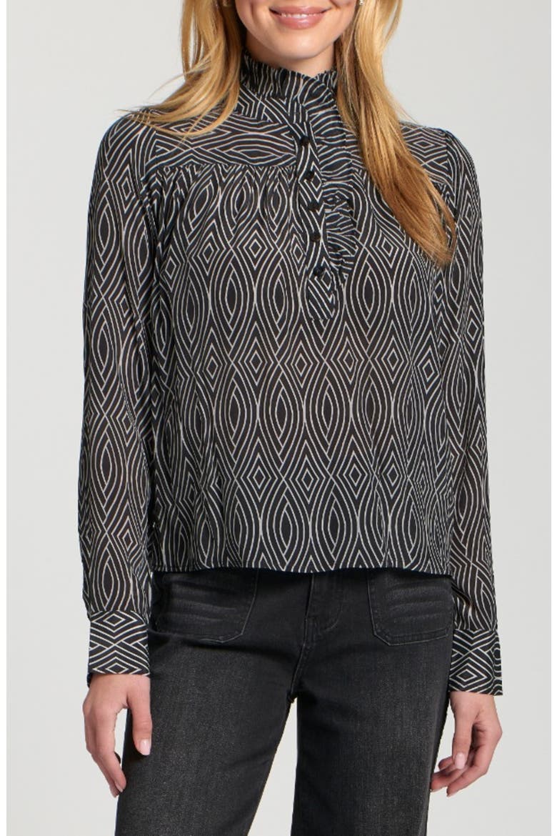 Ruffle Half-Placket Shirt, Main, color, BLACK/ WHITE