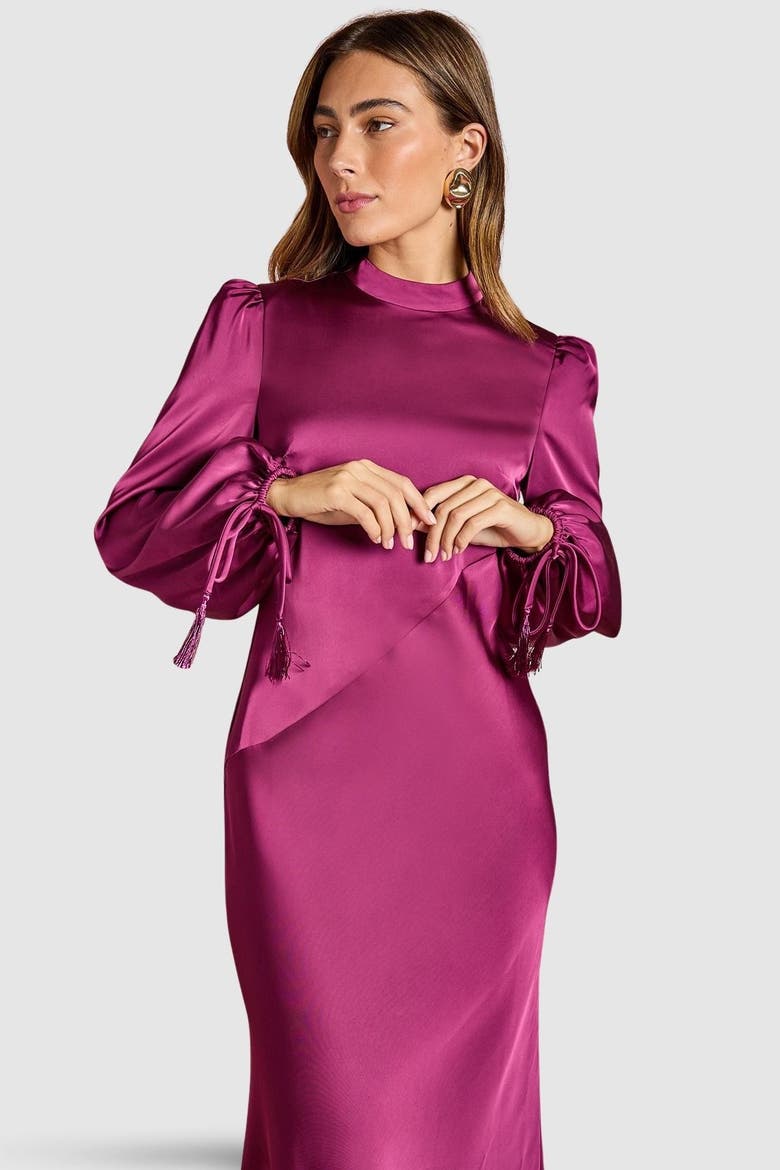 Blouson Sleeve Satin Midi Dress, Alternate, color, Berry
