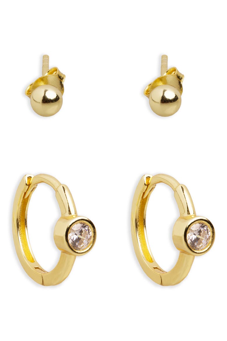 Set of 2 Ball Stud & Huggie Hoop Earrings, Main, color, GOLD