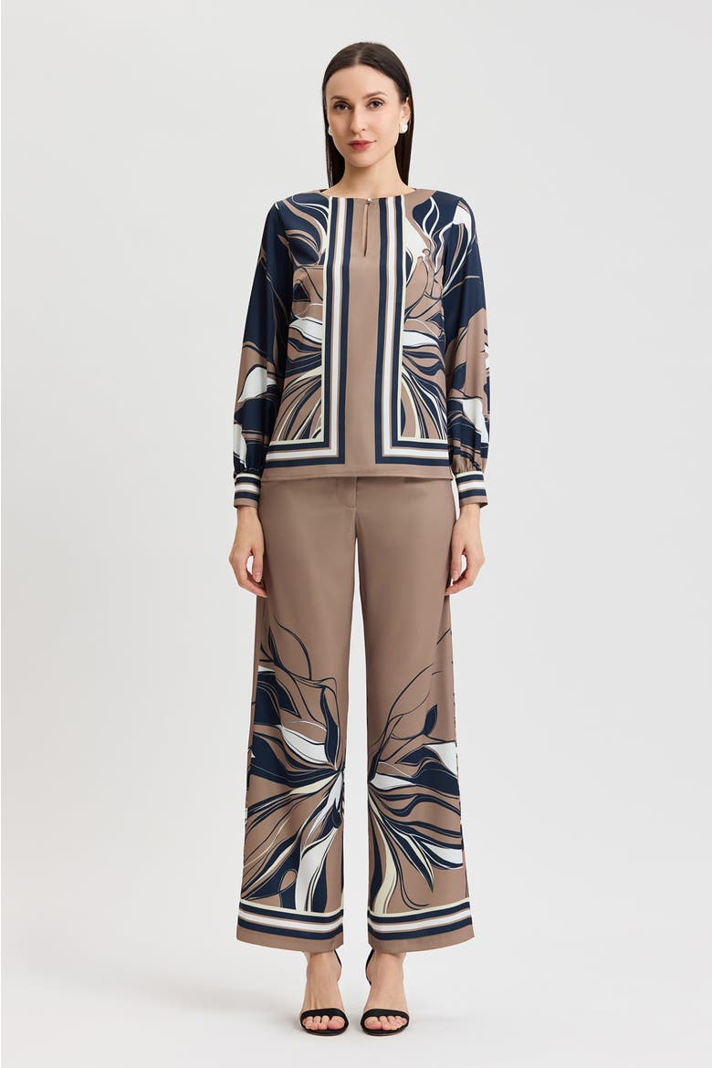 Floral Abstract Crepe de Chine Blouse, Alternate, color, Warm Taupe/Indigo/Ivory