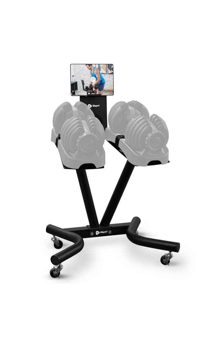 Lifepro Adjustable Dumbbell Stand with Tablet Holder Home Gym Rack, Main, color, Black