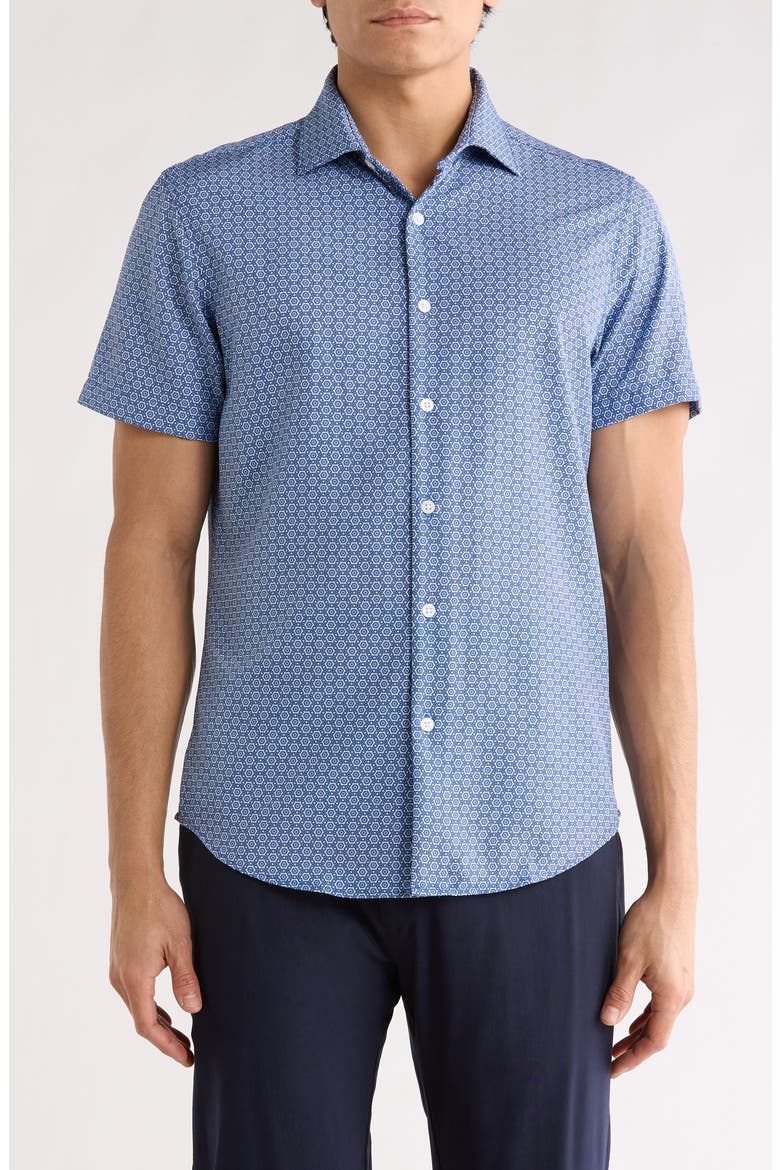Micro Dot Tech Short Sleeve Button-Up Shirt, Main, color, BLUE/ WHITE