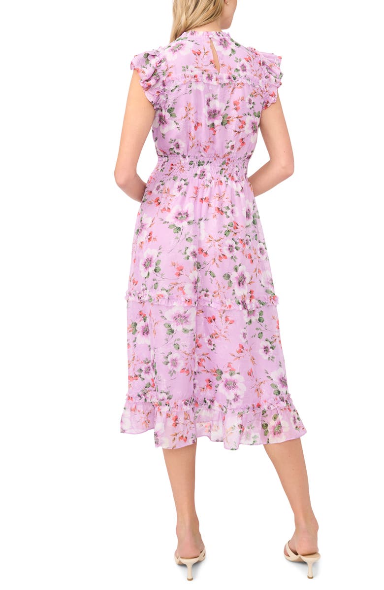 CeCe Floral Print Flutter Sleeve Smocked Midi Dress, Alternate, color, Fair Orchid