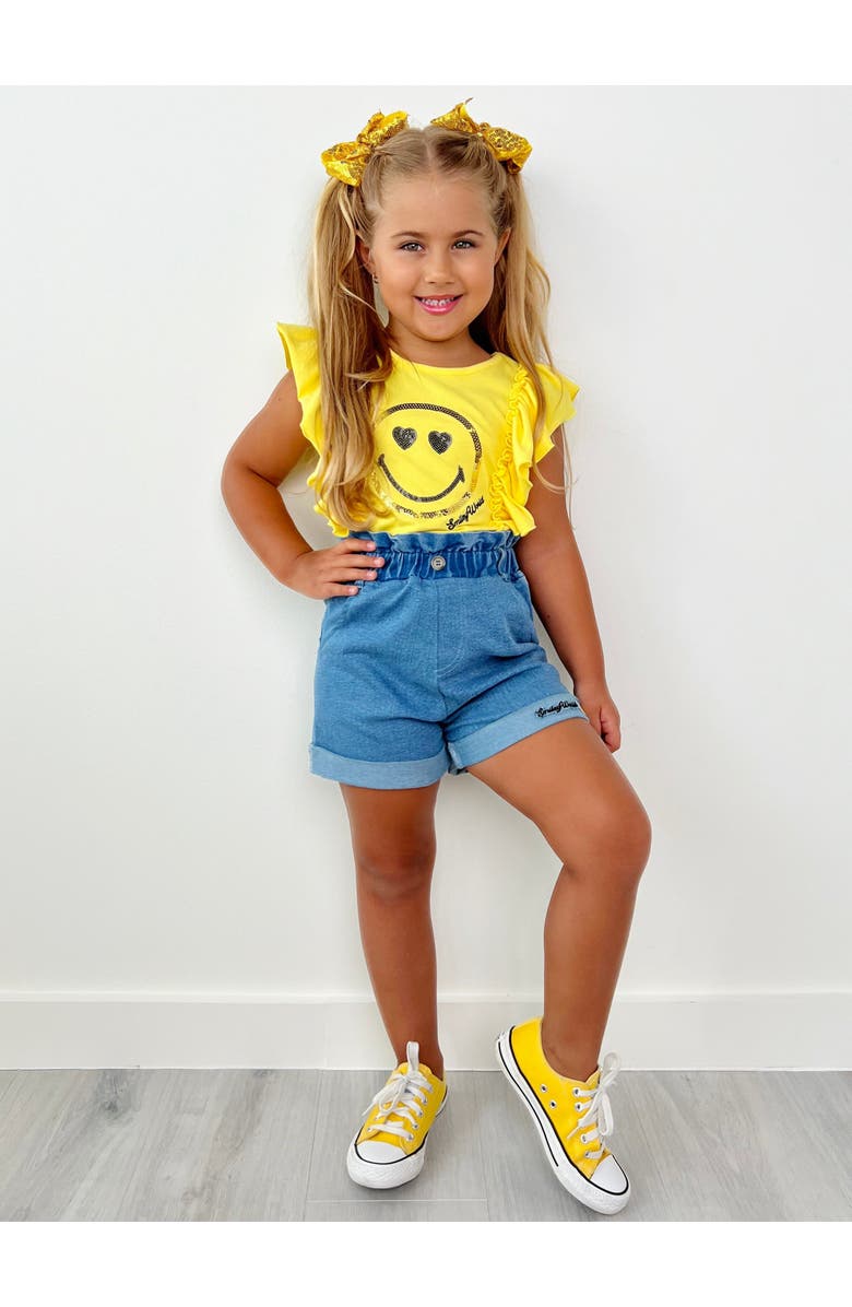 Mia Belle Girls Girls SmileyWorld Bold Expression Denim Shorts Set, Alternate, color, Yellow