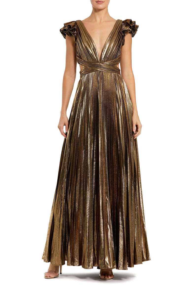 Pleated Metallic Gown with Ruffle Sleeves and Waist Cutout, Main, color, ANTIQUE GOLD