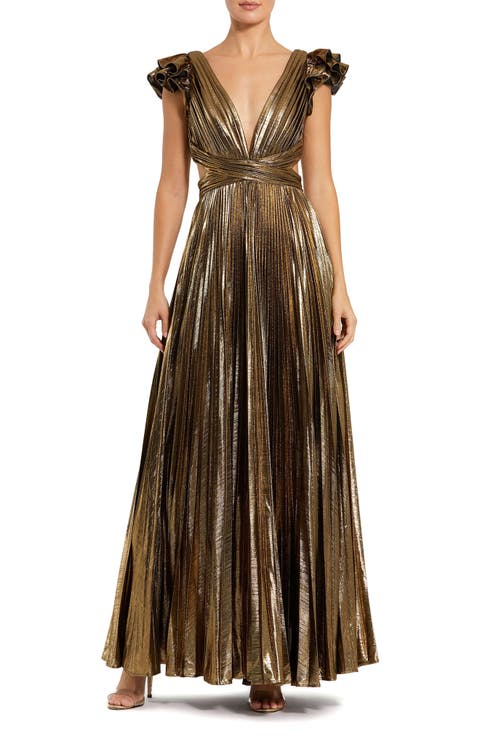 Pleated Metallic Gown with Ruffle Sleeves and Waist Cutout