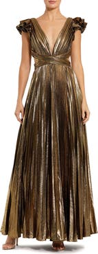 Mac Duggal Pleated Metallic Gown with Ruffle Sleeves and Waist Cutout