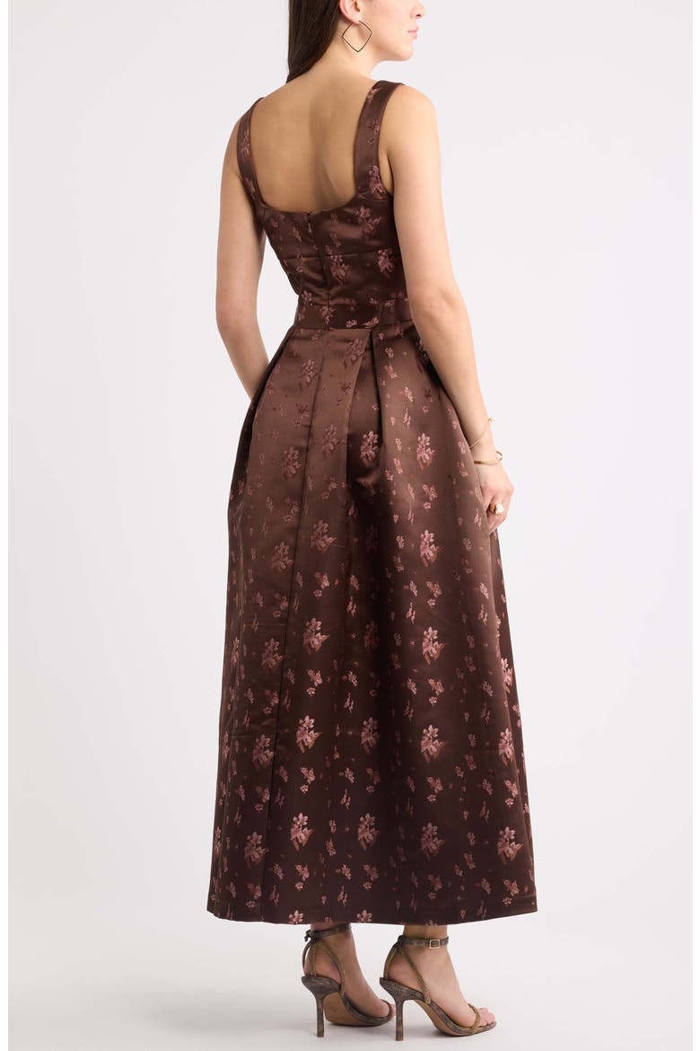 Pleated Seamed Bodice Jacquard Maxi Cocktail Dress, Alternate, color, BROWN BROCADE