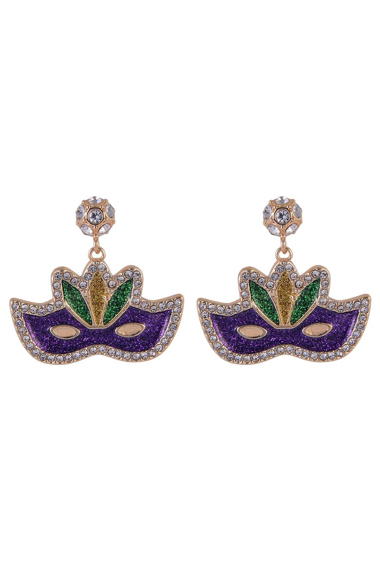 Mardi Gras Mask Stone Earrings, Alternate, color, Purple