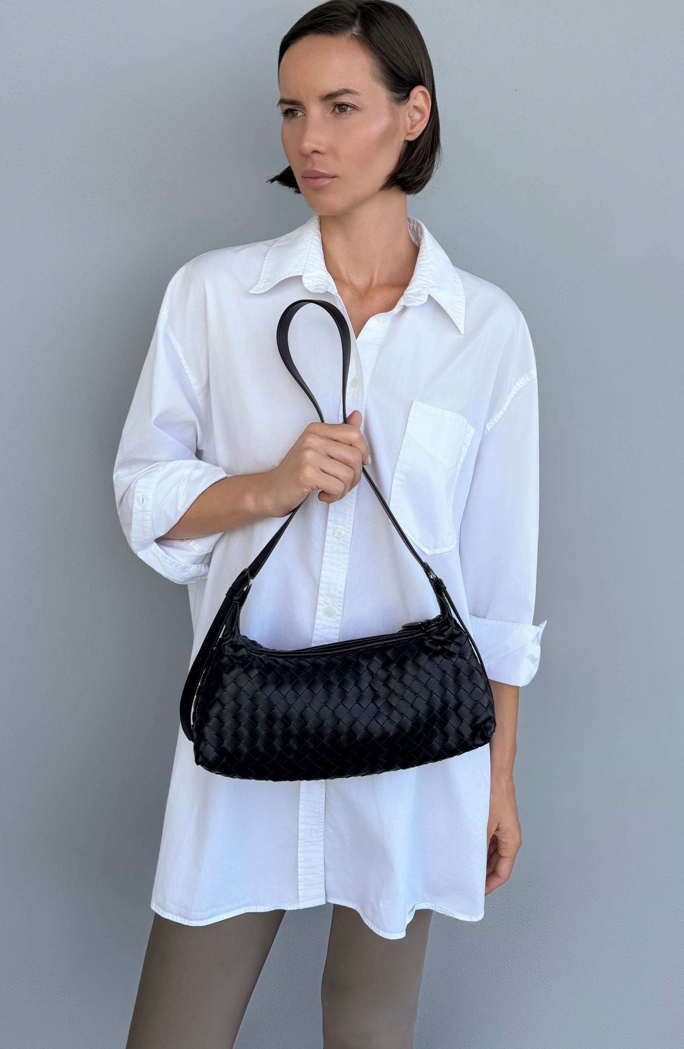 Woven Faux Leather Shoulder Bag, Alternate, color, BLACK