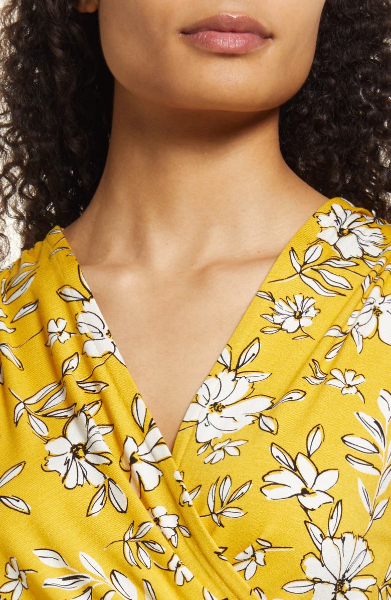 Loveappella Floral Print Faux Wrap Top, Alternate, color, Sunflower